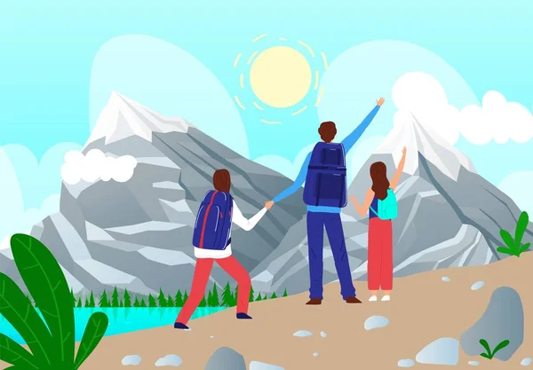 Familia personas viajan a las montañas vector ilustración, personajes de dibujos animados viajero plano con mochilas caminata, disfrutar del paisaje salvaje — Vector de stock