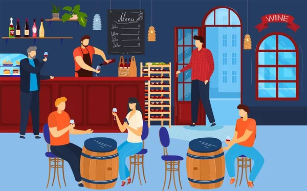 La gente bebe vino vector ilustración, dibujos animados gordo hombre mujer pareja o amigos personajes hablando y bebiendo alcohol vino bebida — Archivo Imágenes Vectoriales