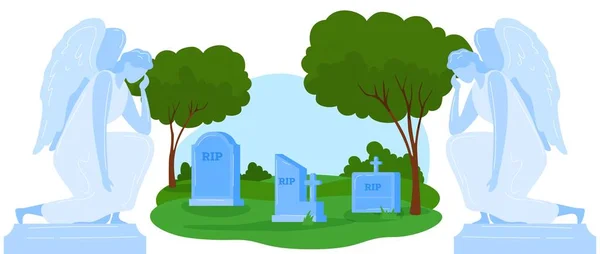 Pohřební hřbitov hřbitov vektorové ilustrace, kreslené ploché staré mramorové náhrobní kameny nebo náhrobní kameny s křesťanským křížem, RIP text — Stockový vektor