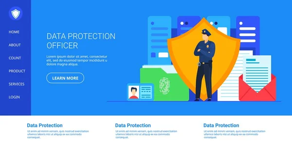 Data protection vector illustration, cartoon cyber security guard, officer character standing with shield for protect database — Stock Vector