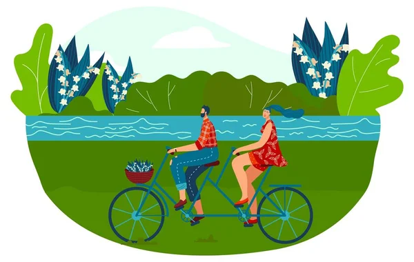 Tandem fietstocht vector illustratie, cartoon platte gelukkige paar mensen rijden tandem fiets samen, gezonde buitenactiviteiten — Stockvector