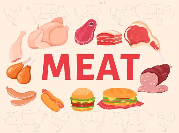 Ilustração de vetor de palavra de carne, desenhos animados vários alimentos crus ou gostosos de carne cozida, bife de carne de porco, coxas de frango e salsichas —  Vetores de Stock