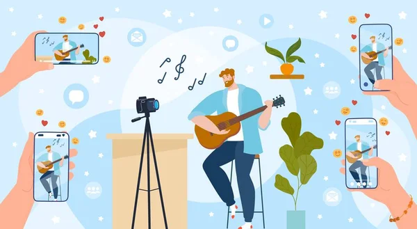 Jogue guitarra online vetor ilustração, cartoon flat streamer vlogger, músico guitarrista personagem tocando guitarra online —  Vetores de Stock