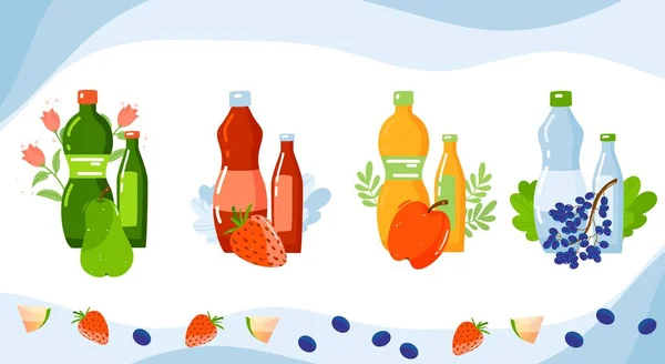 Jugo vitamina bebida vector ilustraciones, dibujos animados frutas orgánicas planas y bayas bebidas colección de pera fresa manzana uva — Vector de stock