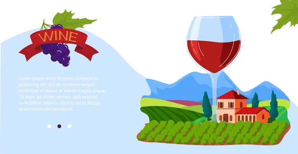 Векторная иллюстрация винного стекла, концепция производства напитков из плоского алкоголя с органической плантацией виноградников, большое стекло — стоковый вектор