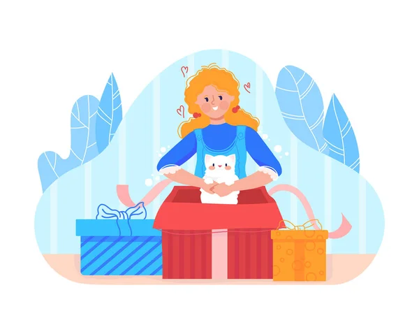 Famille quotidienne, fille passe du temps avec chaton, cadeau pour enfant, dessin animé design illustration vectorielle de style, isolé sur blanc. — Image vectorielle