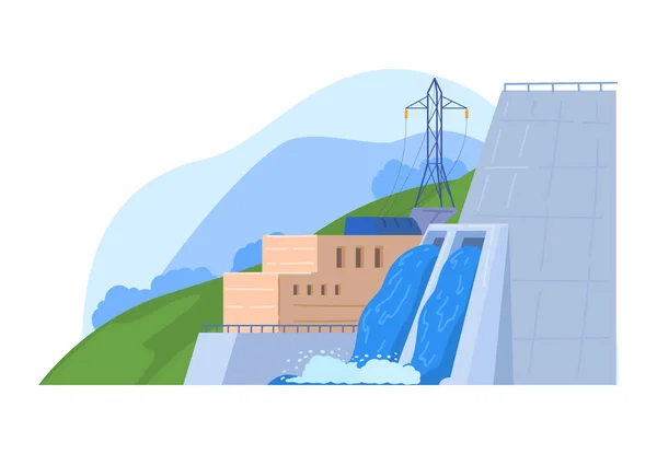 Fabrieksstroom, hydro-elektrische energie station genereert elektriciteit met generator, cartoon vector illustratie, geïsoleerd op wit. — Stockvector