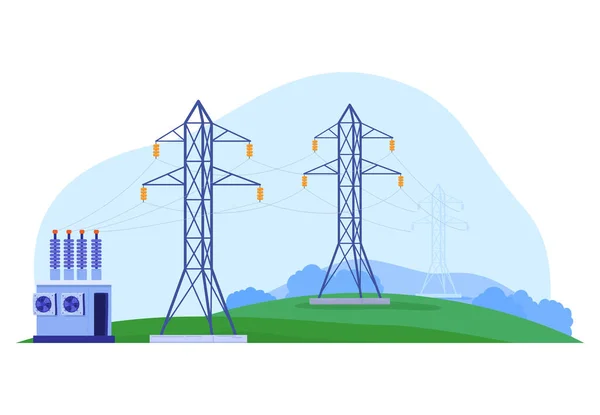 Poder da fábrica, transmissão de eletricidade, alta tensão, perigo para a vida, desenho animado estilo vetor ilustração, isolado no branco — Vetor de Stock