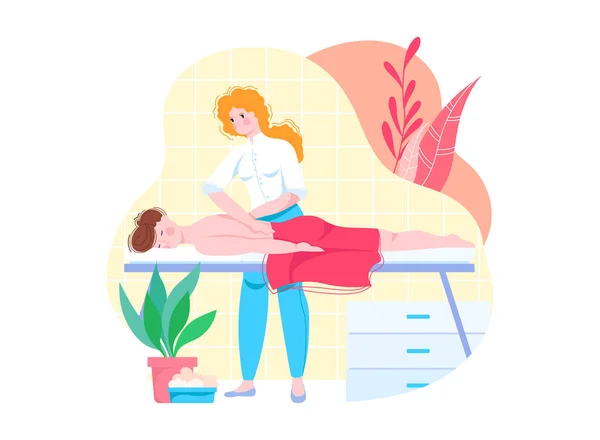 Pessoas massagem, terapia de spa, cuidados nas costas e tratamento, relaxamento resto corpo, desenho animado estilo vetor ilustração, isolado em branco. — Vetor de Stock