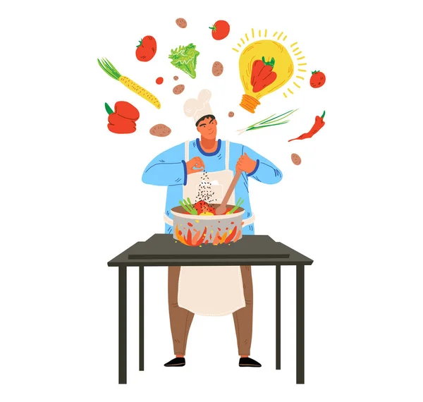 Idée intéressante, les gens certains métier, chapeau de chef homme prépare le déjeuner, illustration vectorielle de style dessin animé, isolé sur blanc. — Image vectorielle