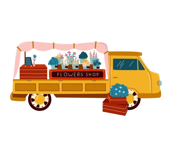 Vans trailers for summer travel, flower shop on wheels, modern vacation transport, cartoon vector illustration, isolated on white. — Stock Vector