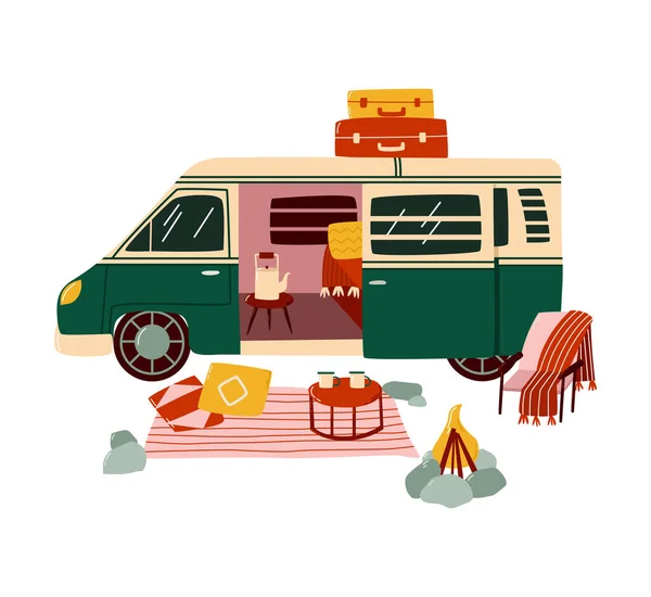 Lieferwagen-Anhänger für Sommerreisen, Touristenlager, moderner Transport, Tourist mit dem Auto, Zeichentrickvektorillustration, isoliert auf weiß. — Stockvektor