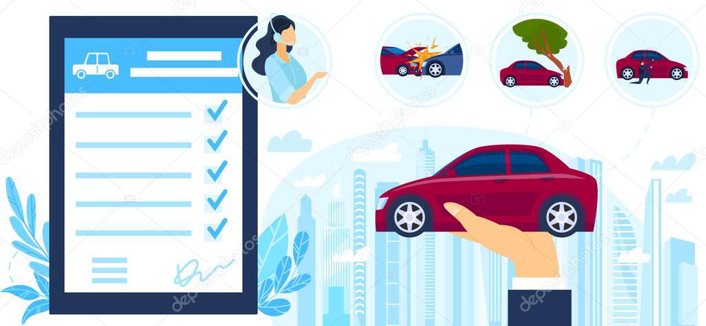 Insurance auto service protection vector illustration, cartoon flat businessman hand holding car, protecting from accidents and crimes