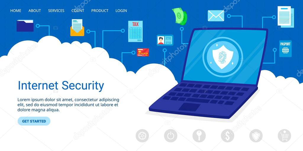 Internet data security vector illustration, cartoon flat interface website design with laptop, database protect cyber technology