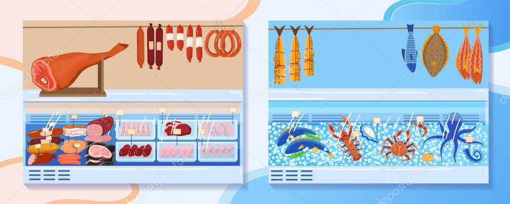 Meat food market stall vector illustration, cartoon shopwindow with seafood and butcher meat products, fresh frozen smoked fish