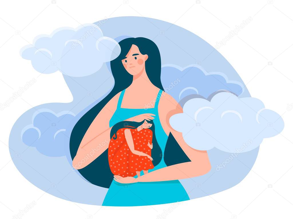 Mental health vector illustration, cartoon woman supporting, holding in hands, helping in problems and hugging sister character