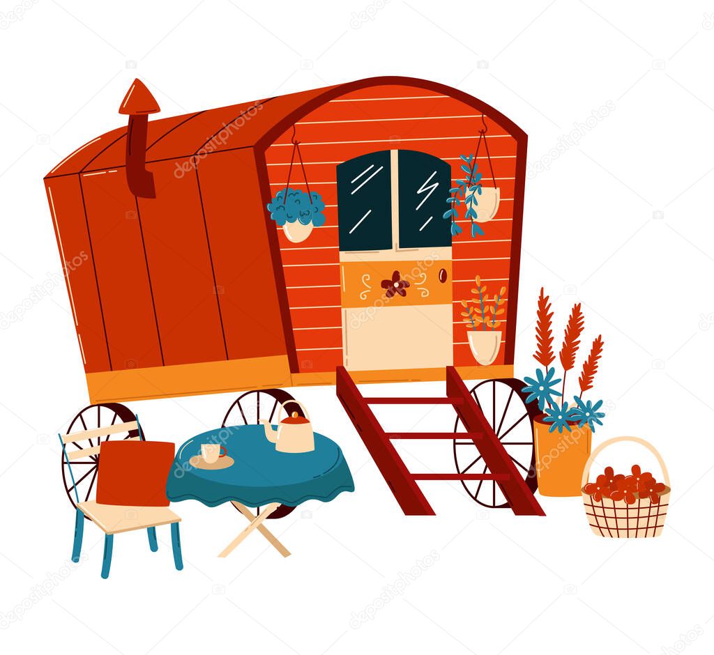 Vans trailers for summer travel, cozy retro cafe on wheels, modern transport, cartoon style vector illustration, isolated on white