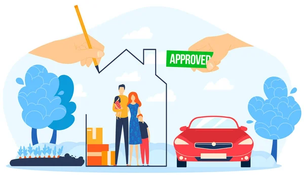 Approvato mutuo ipotecario vettoriale illustrazione, cartone animato piatto famiglia persone con casa o appartamento a comprare e investire, immobiliare — Vettoriale Stock