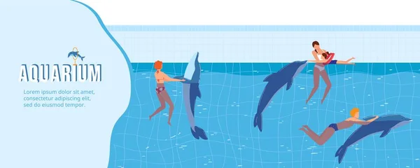 La gente nada con delfines ilustración vectorial, personajes de nadador plano de dibujos animados jugando y nadando con animales de delfines acuáticos — Vector de stock