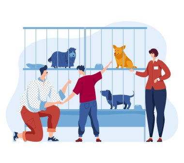 Hayvan barınağı, vektör çizimi. Kadın erkek insan karakteri ve çizgi film hayvanı, kafesteki evsiz köpek yavrusu aileye bak..