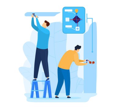 Elektrik bakımı için ekip çalışanı, profesyonel elektikçi elektrik kablosunu tamir ediyor, vektör çizimi yapıyor. Mühendis servisi