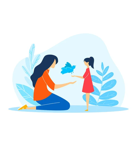 Tecknad unge människor i lycklig familj, vektor illustration. Kvinna karaktär hålla djur för dotter barn, isolerad på vitt. — Stock vektor
