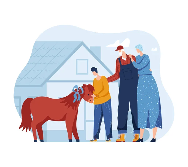 Horse pony for people, child and family vector illustration. Childhood with animal love, mother father, small son happy outdoors.