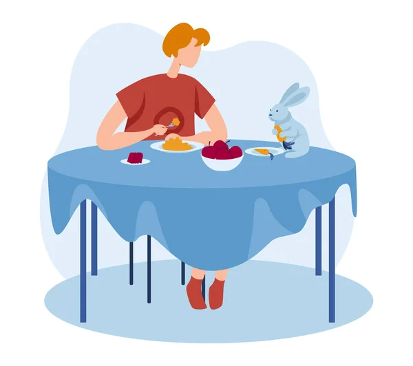 Mascota de conejo en casa chica de la gente, ilustración vectorial. Personaje de mujer joven cenar, lindo animal en la mesa. Casa feliz estilo de vida diseño, — Vector de stock
