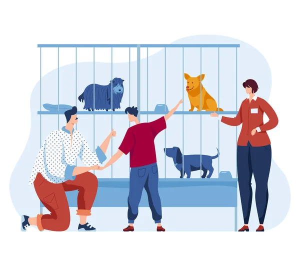Animal dog shelter, vector illustration. Woman man people character and cartoon pet, homeless puppy in cage look at family.