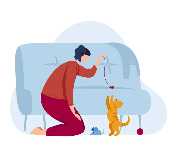 Kız kedi yavrusuyla oynuyor, çizgi film evinde kedi besliyor, vektör çizimi yapıyor. Mutlu sevimli evcil hayvan ve genç insan karakter arkadaşlığı — Stok Vektör