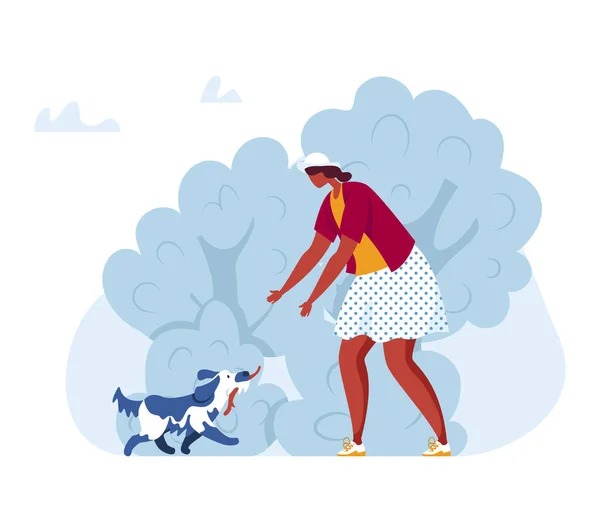 Kobieta spaceruje z psem w parku, ilustracja wektora. Osoby, szczęśliwy zwierzak w przyrodzie, młody postać z kreskówek razem na świeżym powietrzu. — Wektor stockowy