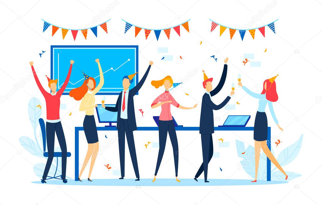 Office corporate party, cartoon happy business team character, vector illustration. Flat group celebration, company people work at holiday.