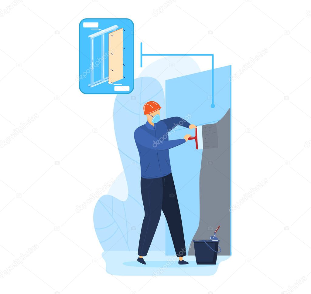 Construction renovation worker at repair, vector illustration. Man builder character plastering wall by cement, trowel tool.