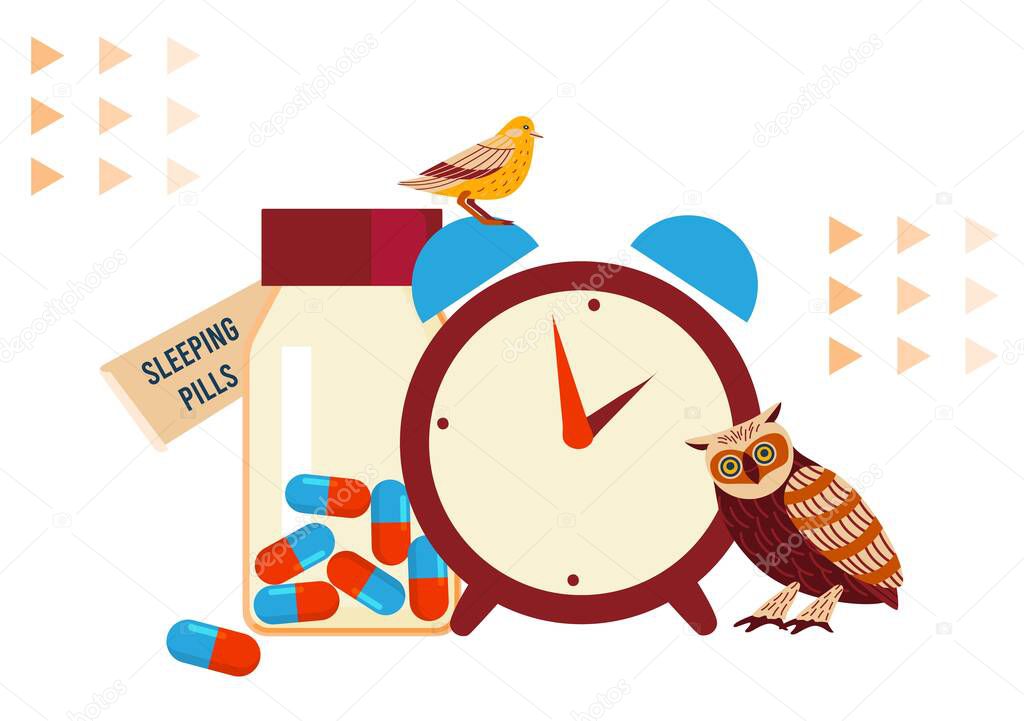 Sleeping pills vector illustration. Cartoon flat insomnia medicines for treating sleep disorder, owl lark birds and clock alarm bedtime symbols, sleepless medical problem treatment concept background