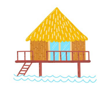 Tahta sahil evi, deniz kenarında yaz tatili, tropik bölgelerde seyahat, karikatür tarzı vektör çizimi, beyaz renkte izole edilmiş..