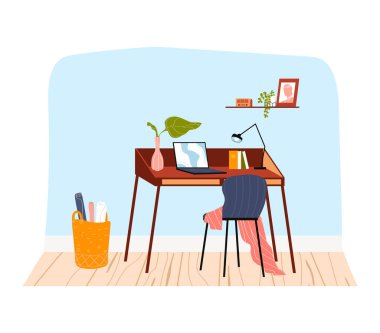 Evdeki iç oda, dairedeki ofis masası, iş yerindeki bilgisayar, çizgi film stili vektör çizimi, beyaz üzerine izole edilmiş..