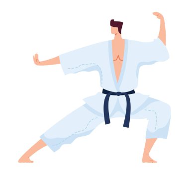 Dövüş sanatı, beyaz kimonolu Japon dövüşçüsü, kung fu spor antrenmanı, düz vektör çizimi, beyaz tenli.