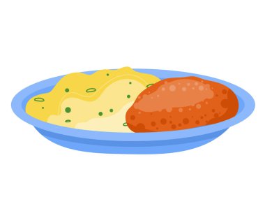 Patates püresi, et pirzolası, et yemeği, ana yemek, beyaz, tasarım, düz çizim.