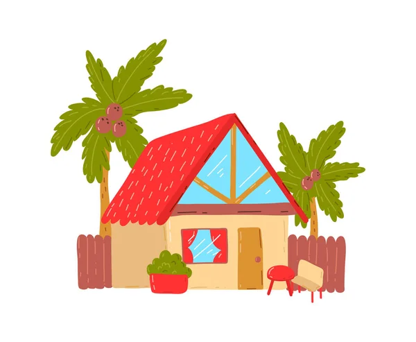 Casa de praia tropical, ativo, férias quentes de verão, cabana à beira-mar, desenho animado estilo vetor ilustração, isolado em branco. —  Vetores de Stock