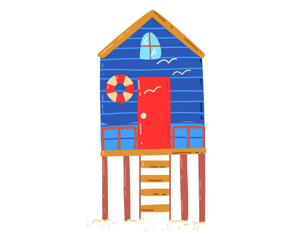 Casa de playa tropical, activo, vacaciones de verano caliente, cabaña junto al mar, diseño de dibujos animados estilo vector ilustración, aislado en blanco. — Vector de stock