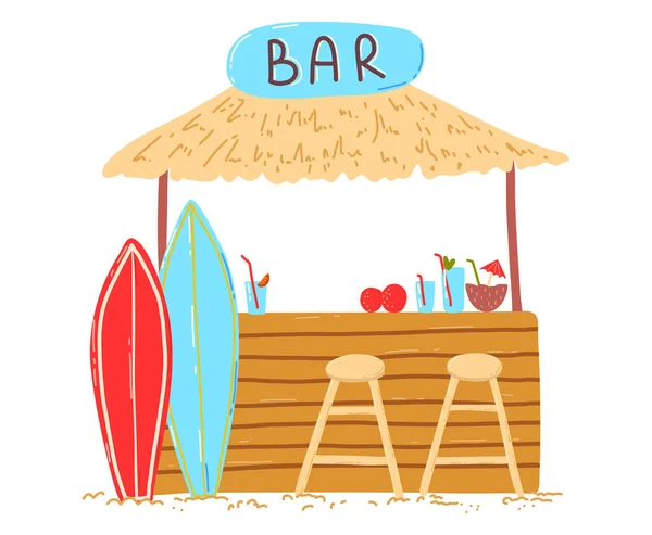 Casa de férias na praia de madeira, bar de letras em bangalô, coquetéis bebidas refrescantes, ilustração vetorial de desenhos animados, isolado em branco. —  Vetores de Stock