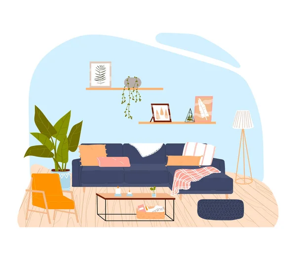 실내 방, 다채 로운 장식용 가구, 현대식 가구, 세련 된 거실, 그림같은 그림, 흰 위에 따로 떨어져 있는 그림. — 스톡 벡터