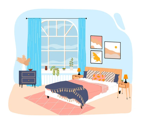 Chambre intérieure dans la maison, chambre avec grand lit, couverture et oreillers, dessin animé design style illustration vectorielle, isolé sur blanc. — Image vectorielle