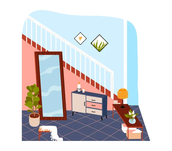Habitación interior en casa, apartamento moderno con escalera y espejo grande, ilustración vectorial de dibujos animados de diseño, aislado en blanco. — Vector de stock