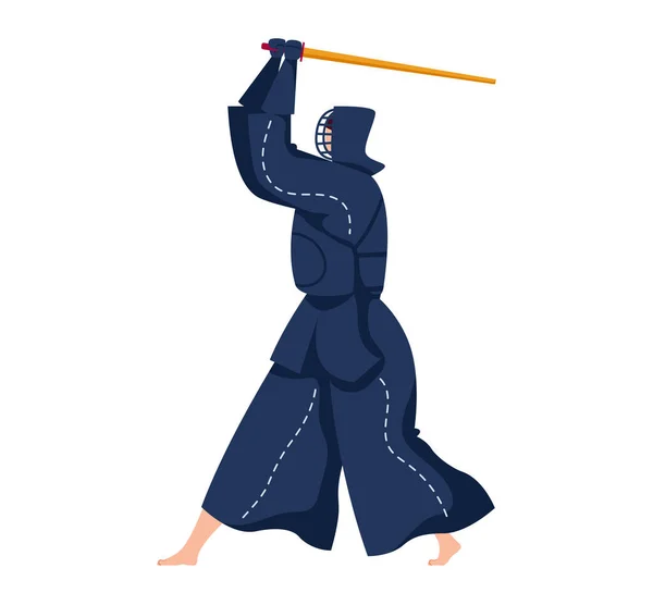 Arte marcial, guerrero espada, arma tradicional japonesa. samurai con katana, ilustración vectorial estilo caricatura, aislado en blanco — Archivo Imágenes Vectoriales