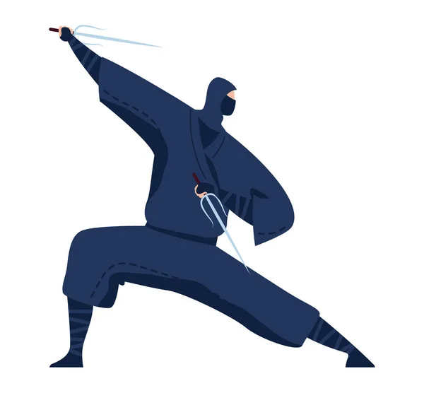 Arte marcial, ninja japonês, guerreiro profissional em desenho preto quimono desenho animado estilo vetor ilustração, isolado no branco. — Vetor de Stock