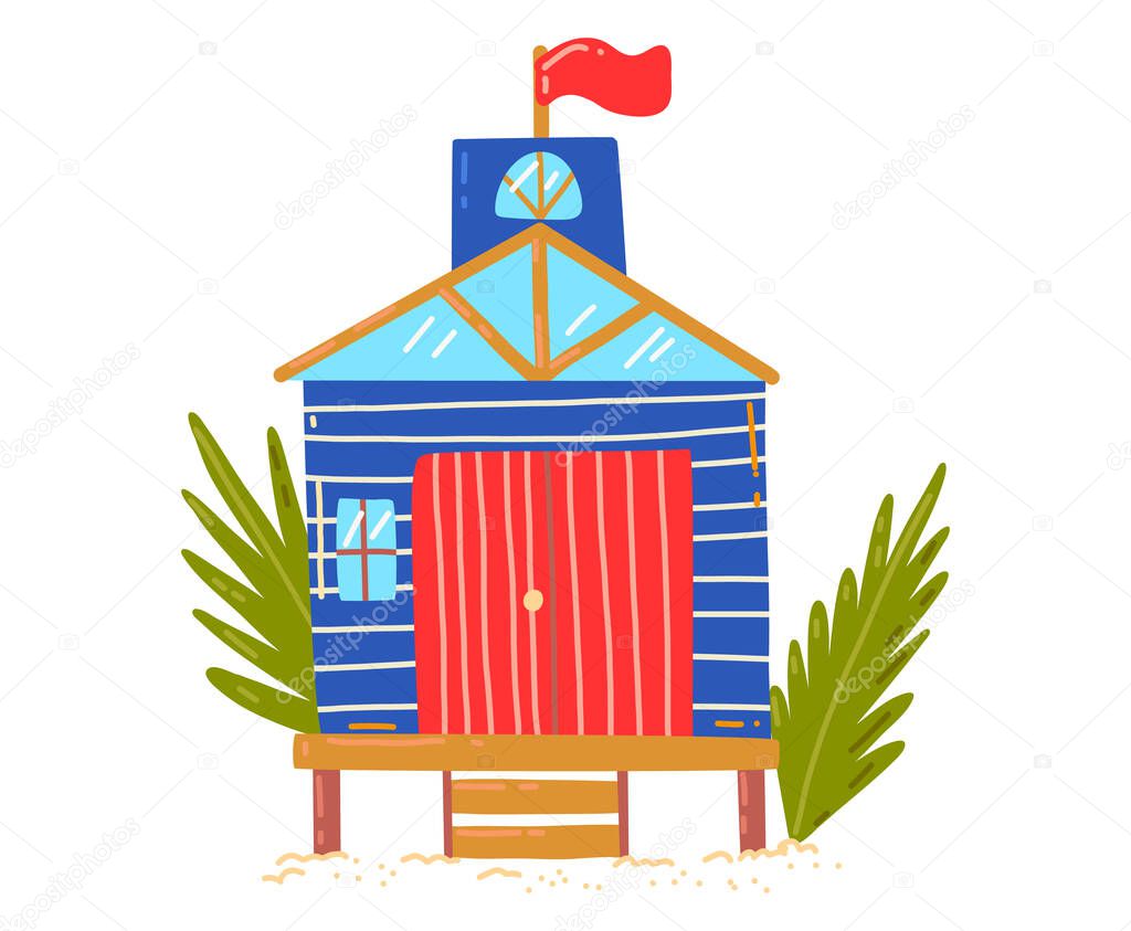 Tropical beach house, active, hot summer vacation, seaside hut, design cartoon style vector illustration, isolated on white.