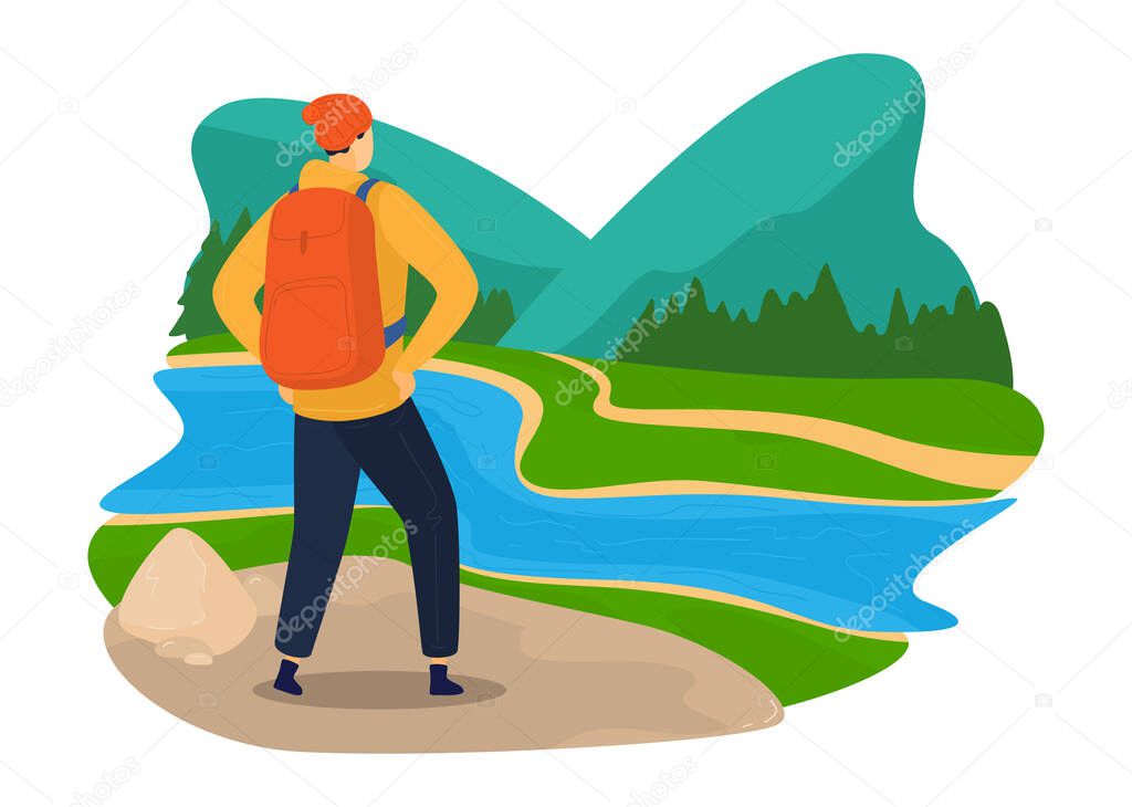 Green tourism, nature travel, colorful environment, summer landscape, design cartoon style vector illustration, isolated on white.