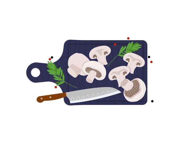 Cogumelo fatiado, faca de cozinha, comida de cozinha, placa de comida vegetal, isolado em branco, design, ilustração vetorial de estilo plano. — Vetor de Stock