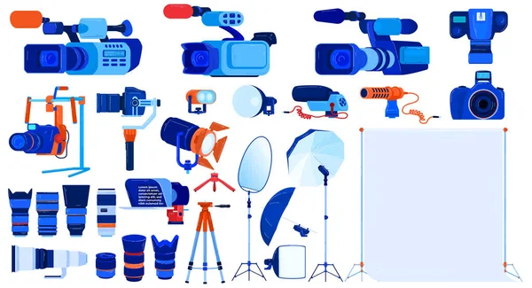 Foto set di illustrazione vettoriale attrezzature della videocamera, fumetto piatto fotografo professionista cameraman collezione di strumenti moderni — Vettoriale Stock